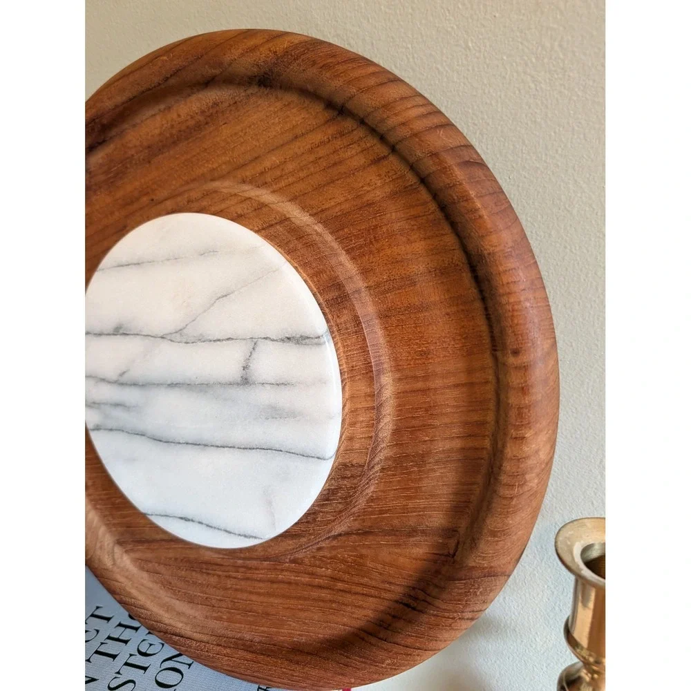 Vintage Good Wood Teak Cheese Board White Marble Inlay Serving Tray 11.5